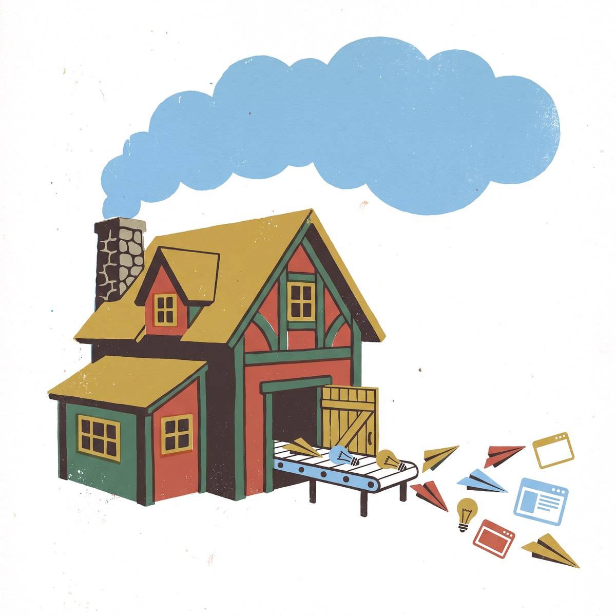 A little house-shaped factory with new apps and paper planes rolling out on a conveyor belt